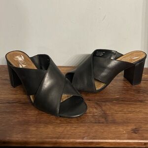 AEROSOLES Heels High Alert Black Leather Women's Sandals/Mules 10M Slip-ons